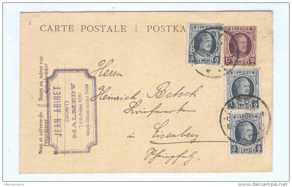 983/15 - CANTONS DE L´EST BELGES - Entier Postal Houyoux MALMEDY 1923 Vers Allemagne - OC38/54 Occupation Belge En Allemagne