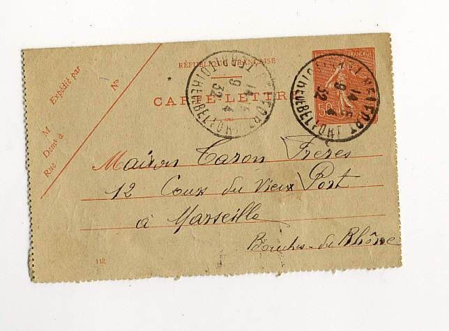 ENTIER POSTAUX SEMEUSE Lignée  CARTE LETTRE  DE 1932  DE BELFORT POUR MARSEILLE - Cartes-lettres