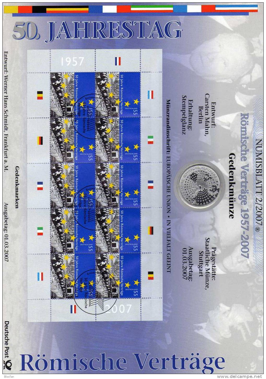 Römische Verträge Numisblatt 2/2007 F Deutschland 2593+ 10-KB SST 27€ Verträge Rom EWG EURATOM Coins Document Of Germany - Allemagne