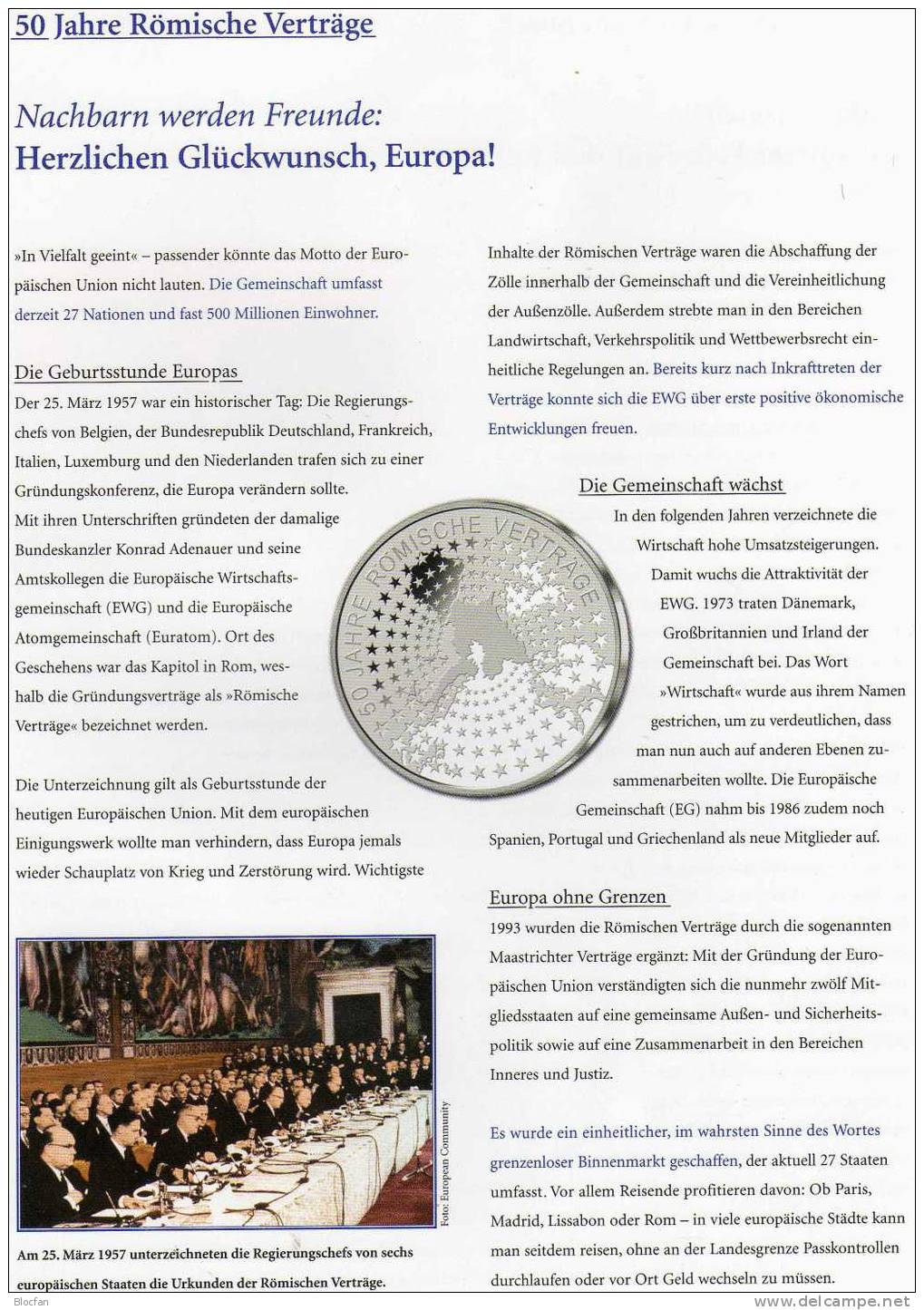 Römische Verträge Numisblatt 2/2007 F Deutschland 2593+ 10-KB SST 27€ Verträge Rom EWG EURATOM coins document of Germany