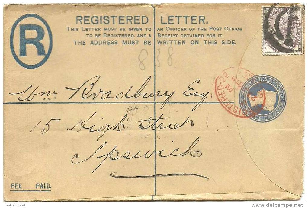 GB 1900 2d REGISTERED ENVELOPE, HUGGINS RP22 SIZE G, USED GLASGOW TO IPSWICH. FRANKED WITH 1d, PARCEL TYPE CIRCULAR CANC - Postwaardestukken