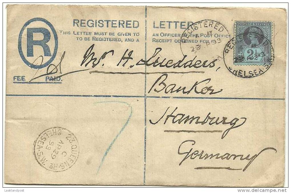 GB 1893 2d REGISTERED ENVELOPE, HUGGINS RP18 SIZE G, USED LONDON TO HAMBURG. FRANKED WITH 2 1/2d, CHELSEA REGISTERED OVA - Postwaardestukken