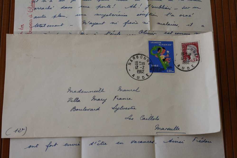 LETTRE  Oblitération Manuel NARBONNE AUDE TIMBRE MARIANNE + VIGNETTE JEUNESSE AU PLEIN AIR  P/ MARSEILLE 1962 + COURRIER - Lettere