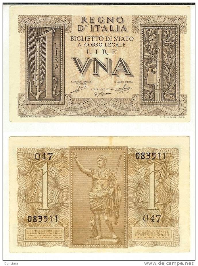 Vittorio Em. III, 1 Lira Impero, 14/11/1939 QFDS - Regno D'Italia – 1 Lira