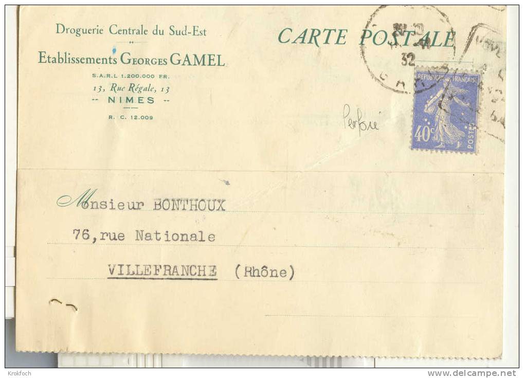 Semeuse  Perforé GG Sur Lettre Droguerie Gamel Nimes Gard 1932 - Autres & Non Classés