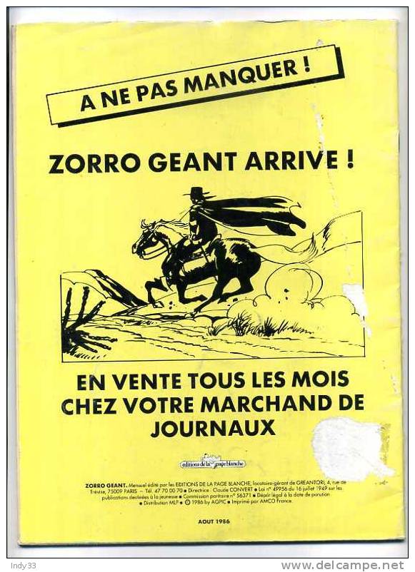 - ZORRO GEANT  . EDITIONS DE LA PAGE BLANCHE 1986 - Zorro