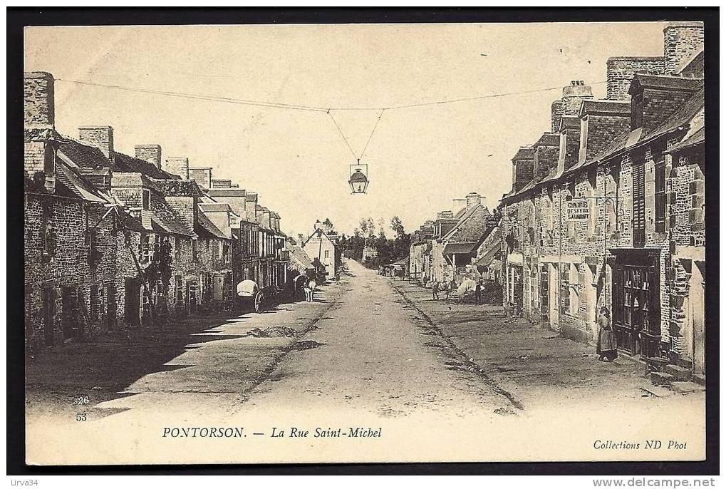 CPA  ANCIENNE- FRANCE- PONTORSON (50)- LA RUE SAINT-MICHEL- ANIMATION- COMMERCES- ATTELAGES- LAMPION SUSPENDU- - Pontorson