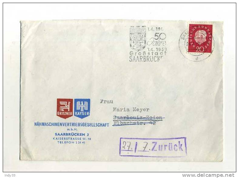 - ALLEMAGNE RFA . AFFRANCHISSEMENT SIMPLE SUR ENVELOPPE DE 1959 - Cartas & Documentos