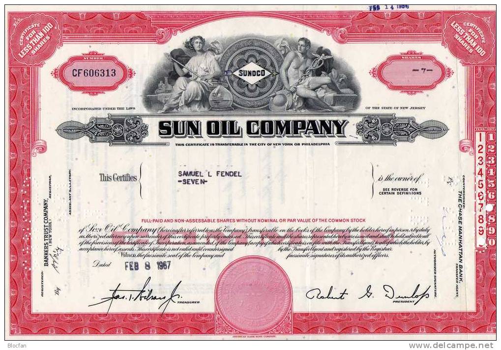 USA 1967 Sun Oil Company New Jersey Feinst 7 Shares New York Or Philadelphia Historische Wertpapiere - M - O