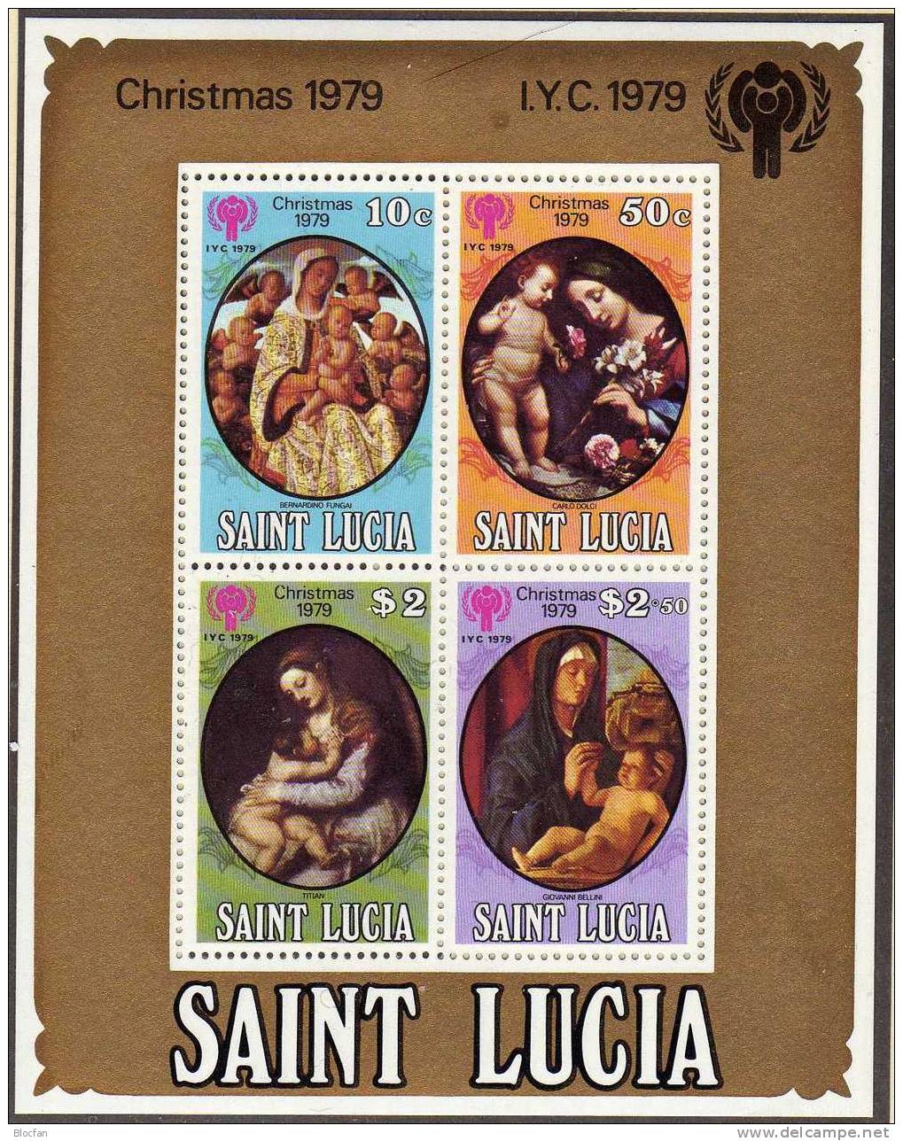 Jahr Des Kindes Weihnachten Madonnen St.Lucia 472/5+ Block 19 ** 7€ Christmas, Madonnen Gemälde Von Bernardo Fungai - St.Lucia (1979-...)