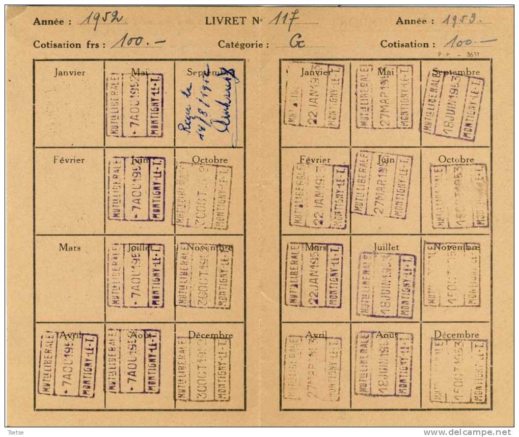 Motigny-le Tilleul - Mutuelle Libérale- Livret De Membre -1952 - Montigny-le-Tilleul