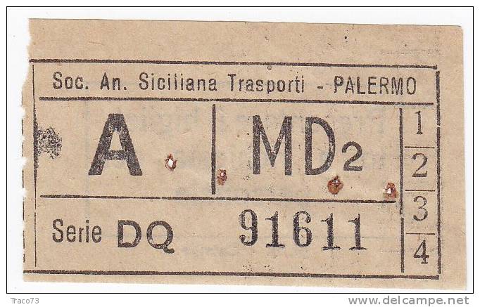 PALERMO  1950 / 60  - BIGLIETTO PER AUTOBUS -  A  Serie  " DQ " - Europe