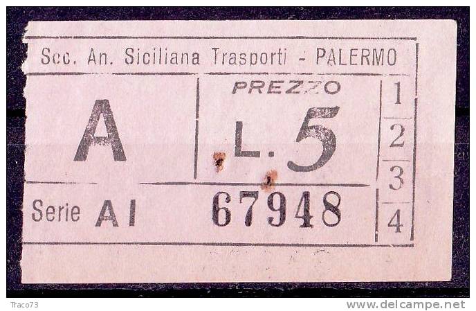 PALERMO  1950 / 60  - BIGLIETTO PER AUTOBUS -  Lire 5  - A   Serie  " AI " - Europe