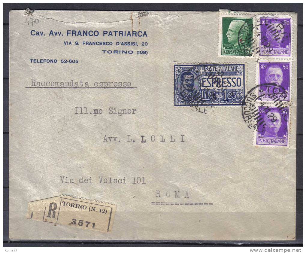 VER470 - REGNO , Raccomandata Espresso Da Roma 4/11/29 - Storia Postale