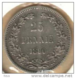 FINLAND 25 PENNIA  WREATH FRONT RUSSIAN EAGLE BACK 1890 L  SILVER VF KM6.2 READ DESCRIPTION CAREFULLY !!! - Finnland