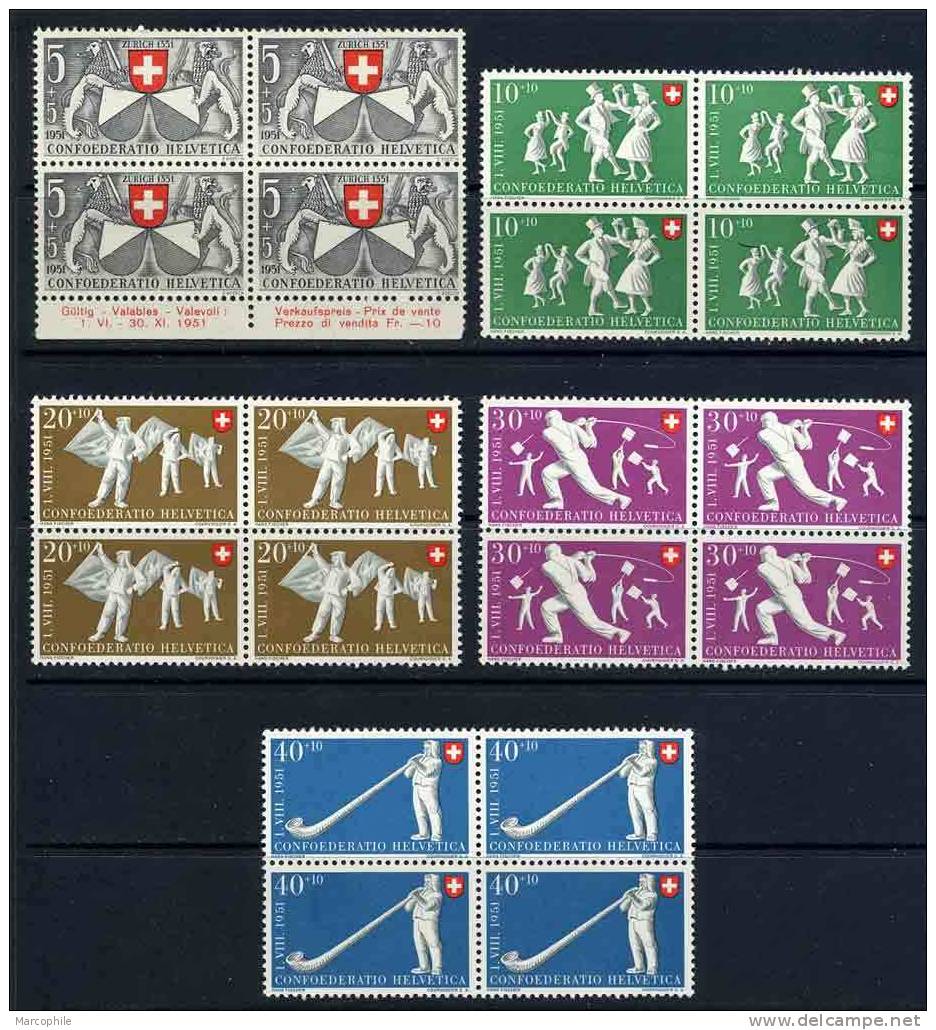 SUISSE / 1951 SERIE 507 A 511 **  EN BLOCS DE 4  / COTE 88.00 EUROS - Unused Stamps