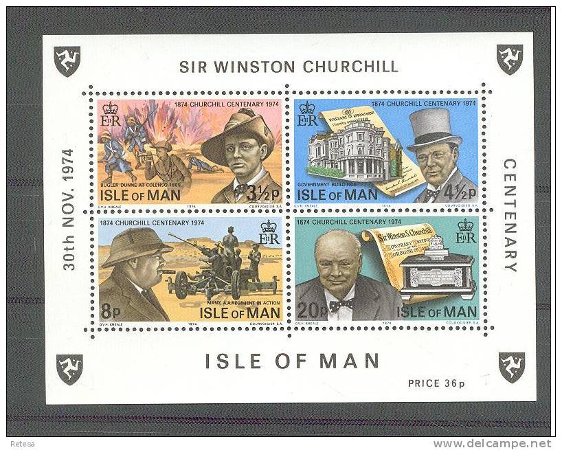 ISLE OF MAN  BLOK  100 JAAR GEBOORTE CHURCHIL  1974 ** - Sir Winston Churchill