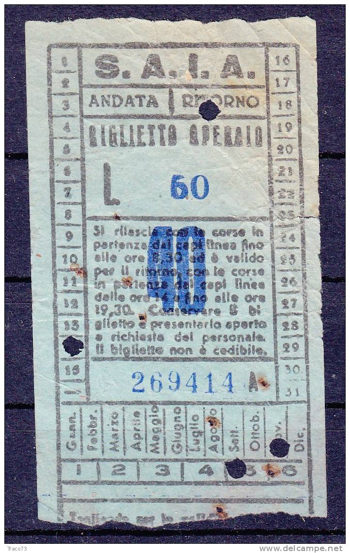 PALERMO 1950 /60   - BIGLIETTO  OPERAIO PER AUTOBUS   -  Lire 60 Sovr. 40 - Europe