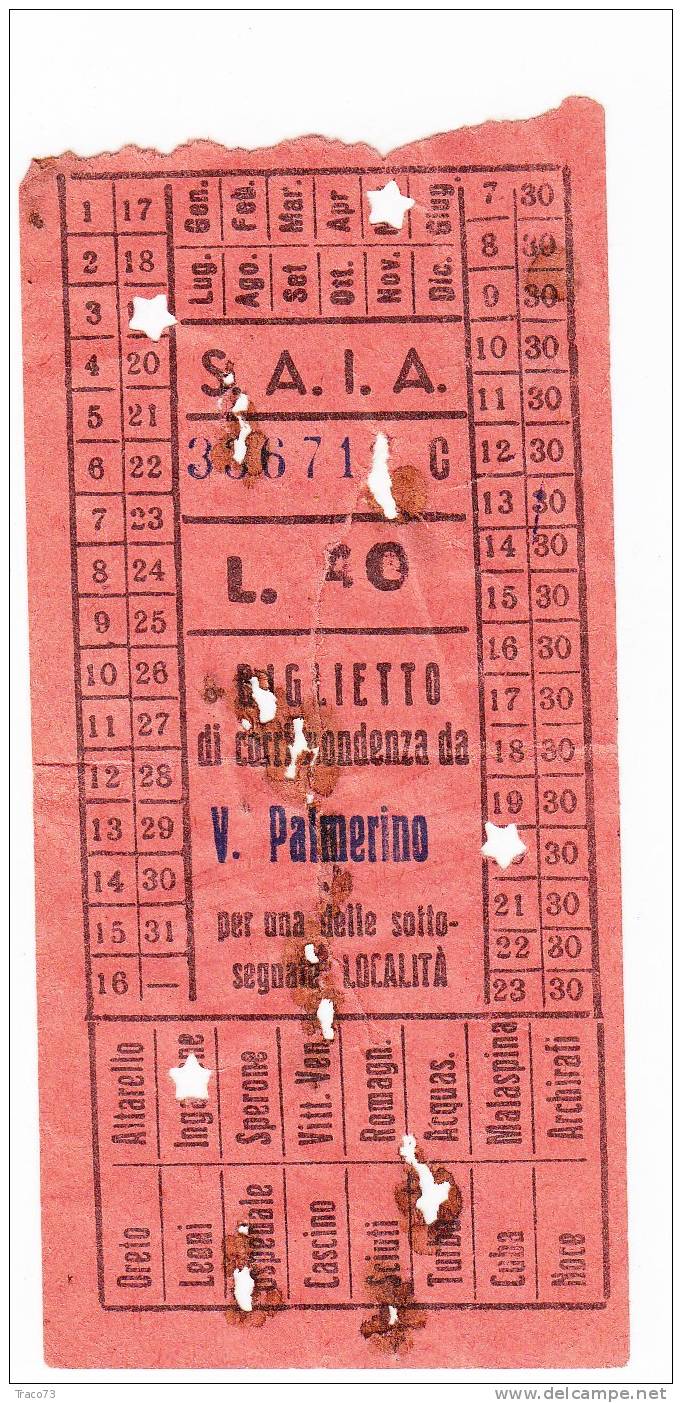 PALERMO 1950 /60   - BIGLIETTO  DI CORRISPONDENZA PER AUTOBUS   -  Lire 40 - Europe