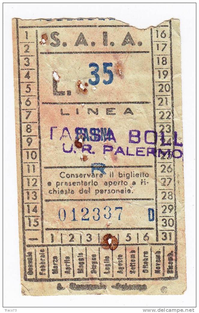 PALERMO 1950 /60   - BIGLIETTO  PER AUTOBUS   -  R   -  Lire 35 - Europe