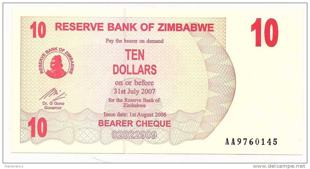 Zimbabwe 10 Dollari 2007 UNC (Issue 1/8/2006) - Zimbabwe