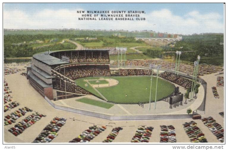 Milwaukee Braves Baseball Stadium, New Milwaukee County Stadium, On 1950s Vintage Linen Postcard - Honkbal