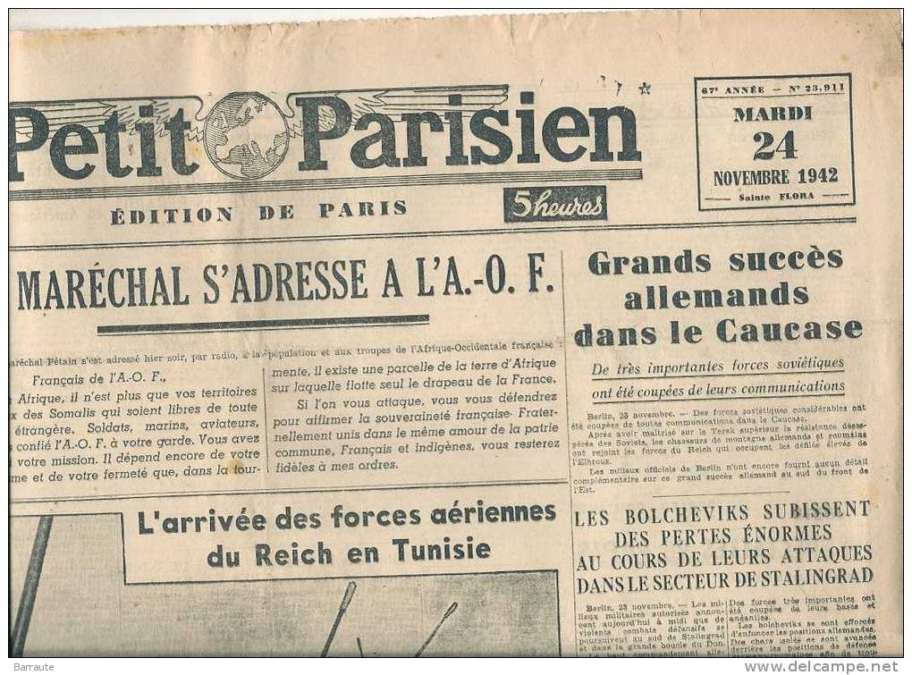 Le Petit Parisien Du 24/11/1942 " LE MARECHAL S'adresse A L'A.-O.F." - Le Petit Parisien