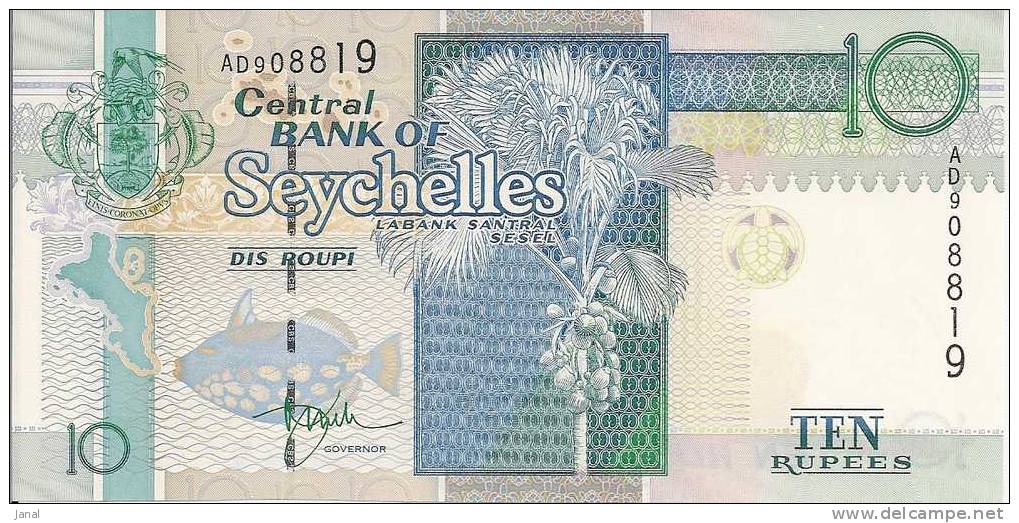 -  CENTRAL BANK OF SEYCHELLES -  10 - TEN RUPEES - DIS ROUPI - - Seychelles