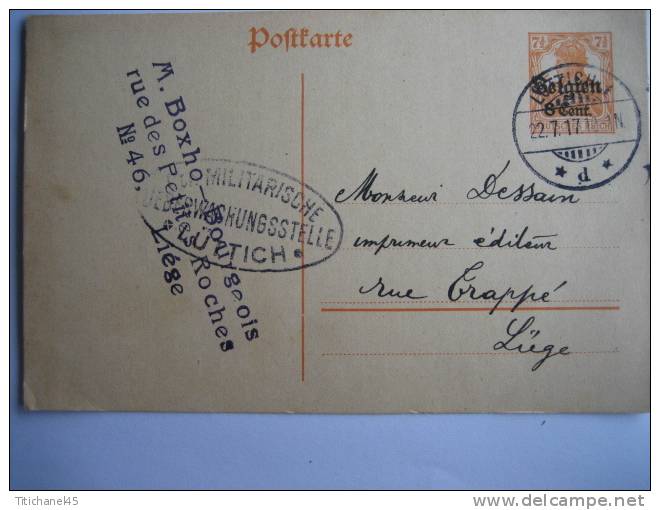 Entier Postal Germania  LUTTICH 1 1917 Vers LIEGE - Censure De LUTTICH - Cachet Privé M. BOXHO-BOURGEOIS à LIEGE - OC1/25 Gouvernement Général