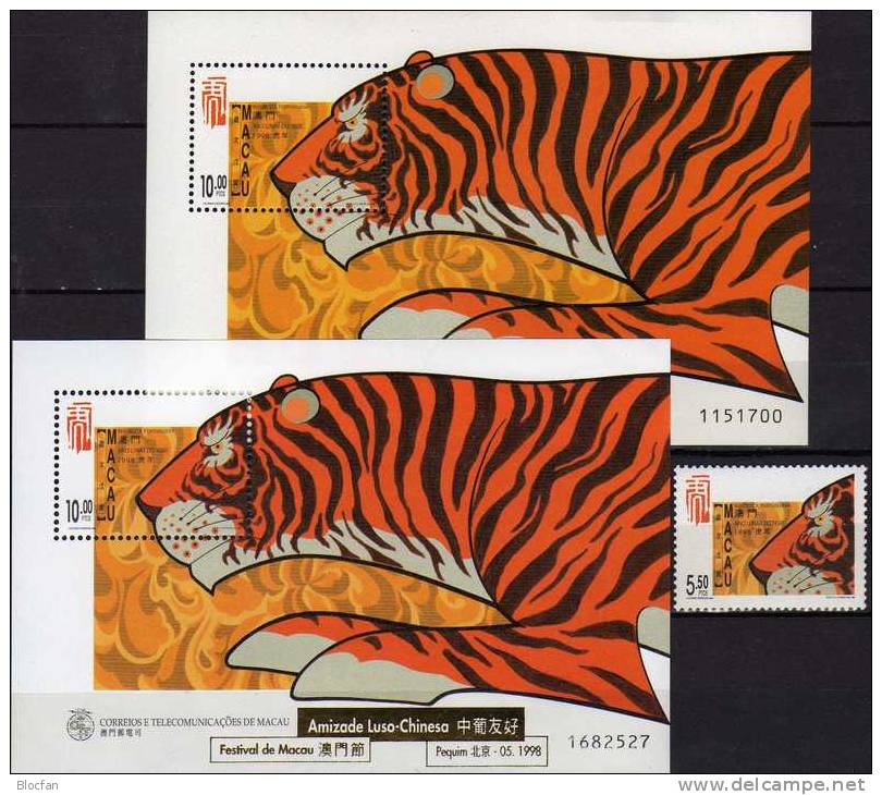 Festival 1998 MACAO 947,Block 50 Plus 50I ** 14€ Jahr Des Tiger Kalender China Bf Year Of Tiger Overprint Sheet Of Macau - Blocchi & Foglietti