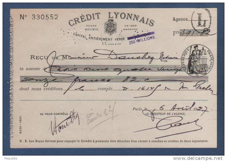 1927 - RECU BANQUE CREDIT LYONNAIS - CACHET 25cen - Bank & Insurance