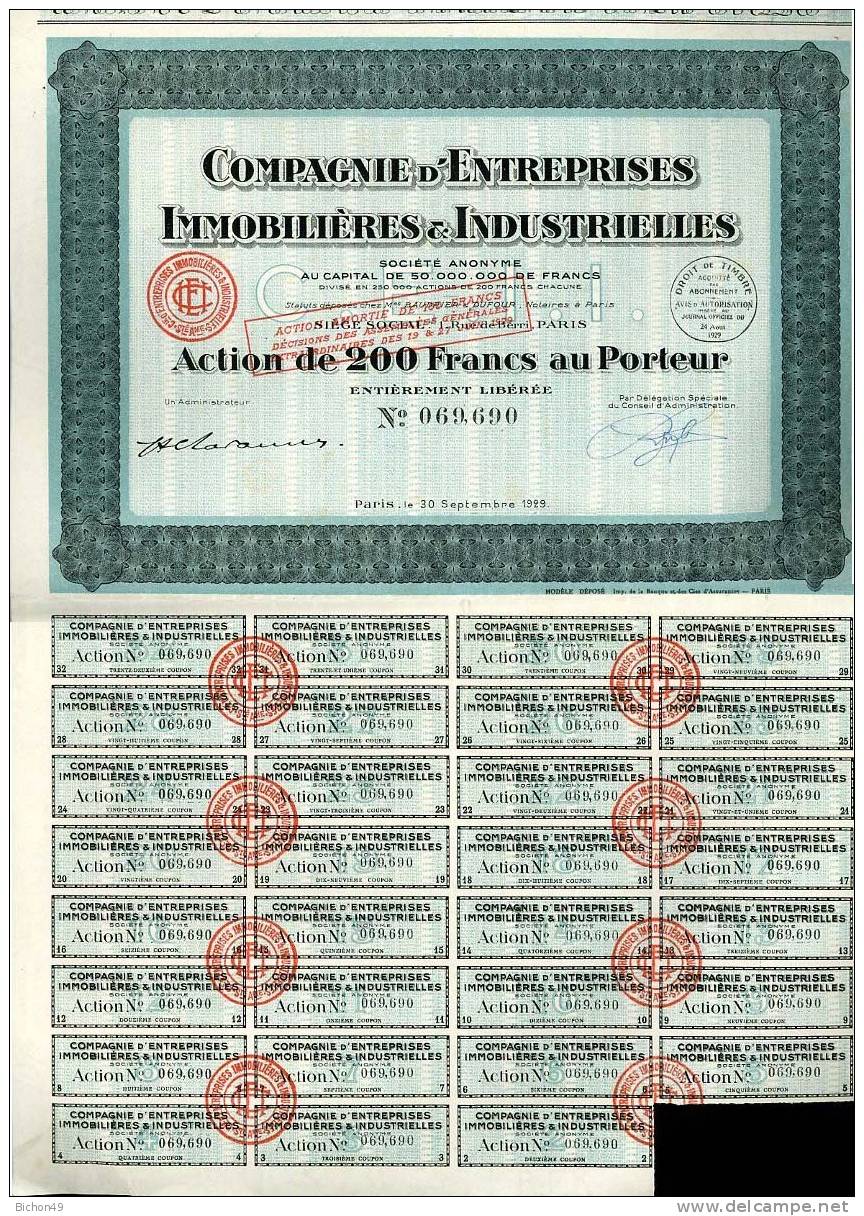 Compagnie D´Entreprises Immobilières & Industrielles Action De 20 Francs 32x43cm - A - C