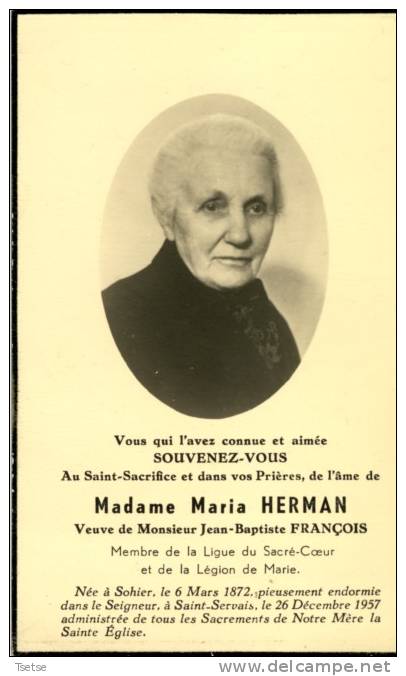 Faire-parts Mortuaire : Mme Maria Herman, Né à Sohier En 1872 Et Décédée à Saint-Servais En 1957 ( 1 ) - Décès