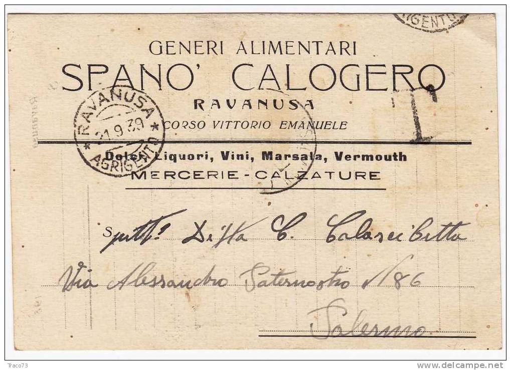 RAVANUSA (AG) - Generi Alimentari  " SPANO' CALOGERO " Liquori, Vini, Marsala, Vermiuth - ( Firma ) - 21.9.1939 - Reclame