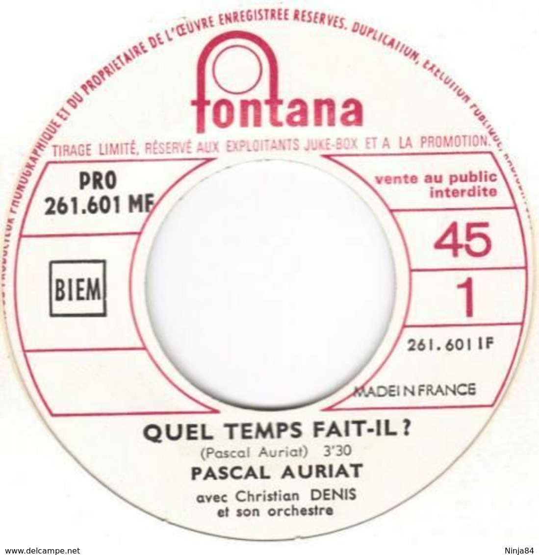 SP 45 RPM (7")  Pascal Auriat  "  Quel Temps Fait-il?  "  Juke-box  Promo - Collector's Editions