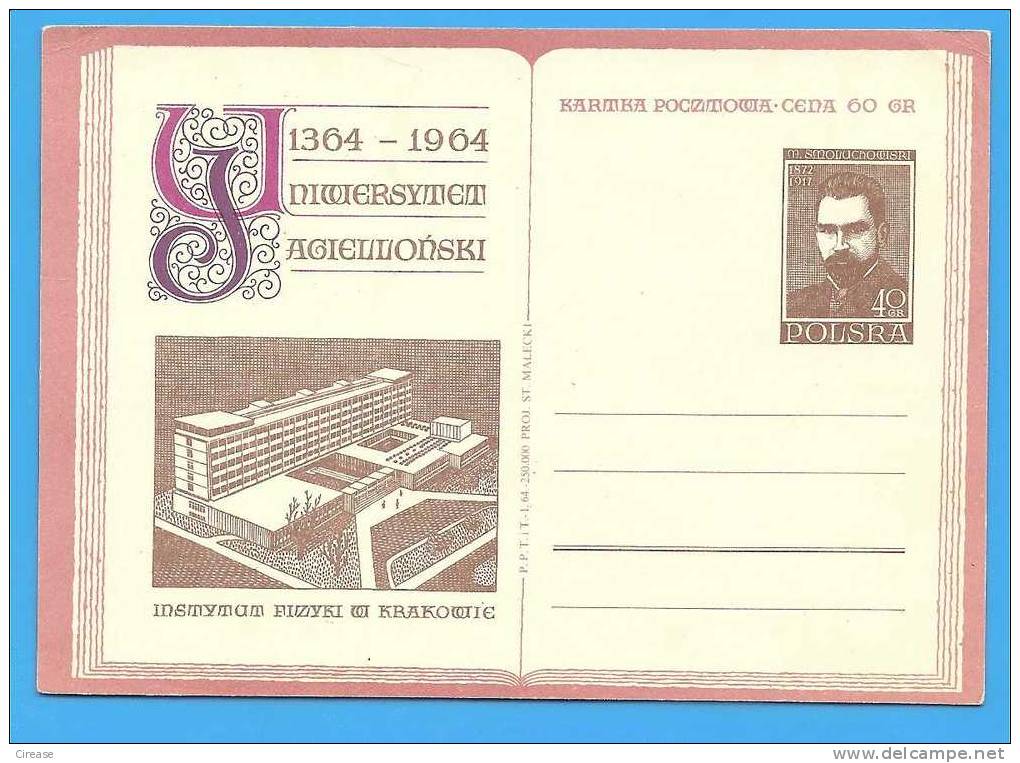 Physicist Marian Smoluchowski. Institute Of Physics, Book, Krakow, POLAND 1964 Postal Stationery Postcard - Physics