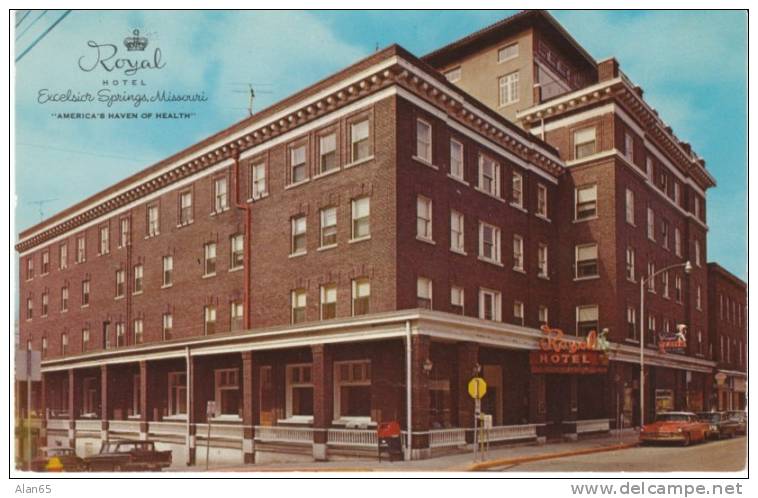 Excelsior Springs MO, Royal Hotel, Autos, US Mail Box, On C1950s/60s Vintage Postcard - Other & Unclassified