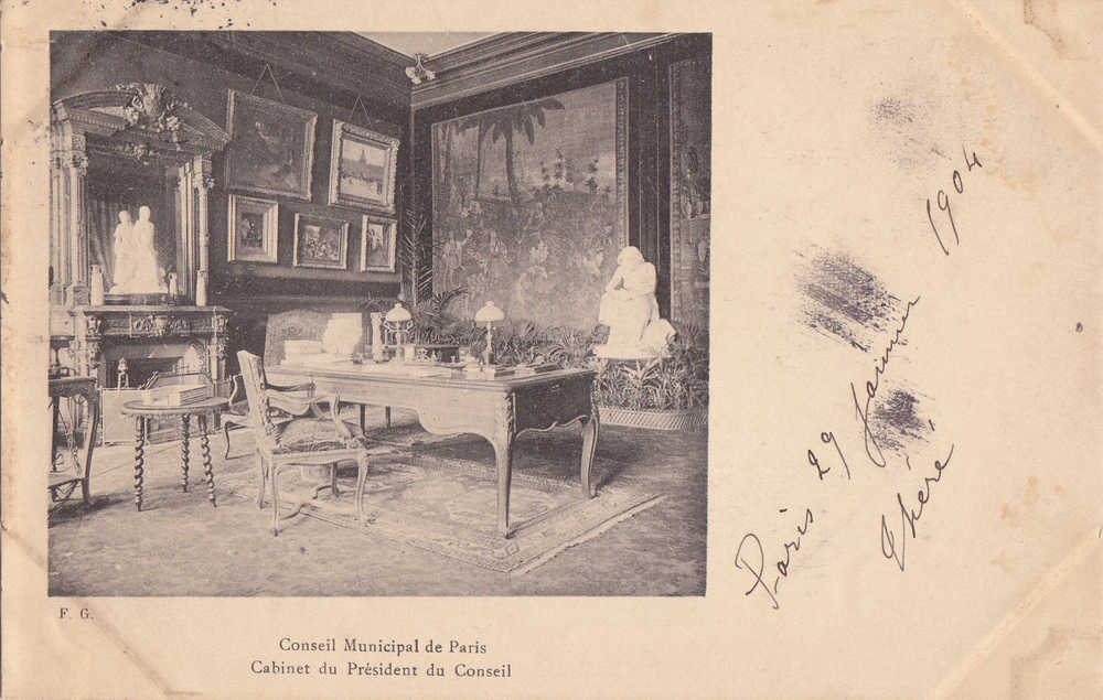 PARIS  HOTEL DE VILLE . CABINET DU PRESIDENT DU CONSEIL . CARTE PRECURSEUR. VOYAGEE JANVIER 1904 - Autres & Non Classés