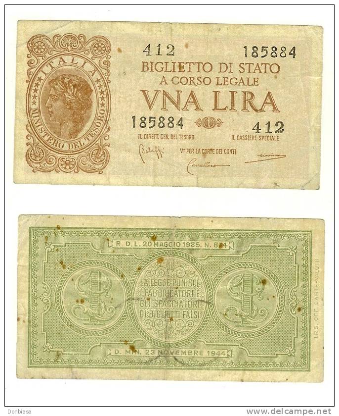 1 Lira Luogotenenza 1944 (bolaffi-cavallaro-giovinco) - Regno D'Italia – 1 Lire