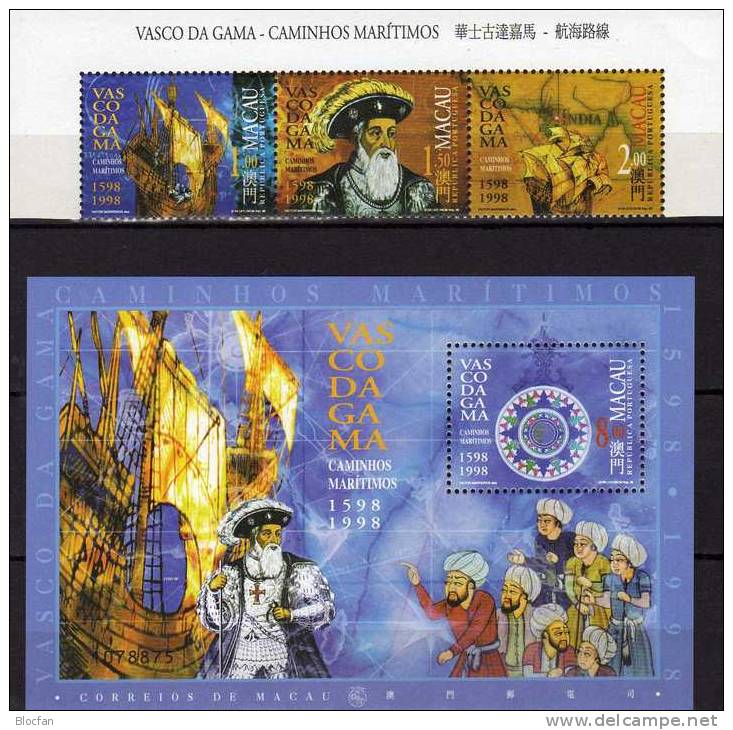 Seefahrt Portugal Mistake 1598 MACAU 965/7 I Plus Block 54I ** 7€ Vasco De Gama Seeweg Nach India Bf Ship Sheet Of Macao - Blocks & Sheetlets