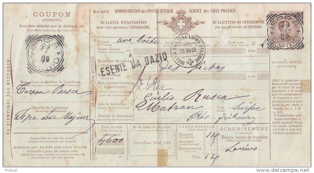 Bulletino Di Spedizione Per Pacchi Diretti All'Estero - 29.VII.1909 - Doc . 23 X 12 Cms. - Postal Parcels