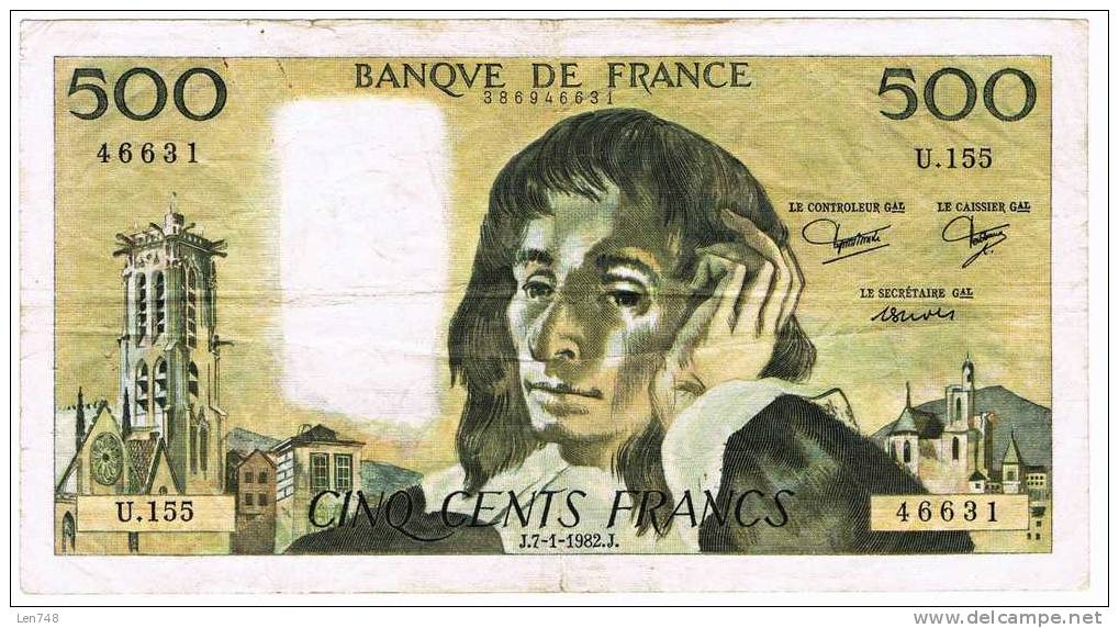 France : Billet De 500 Frs Pascal Du 7.1.1982 - 500 F 1968-1993 ''Pascal''