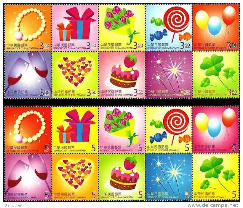 Set Of 2009 Happy Times Stamps Champagne Liquor Wine Pearl Bouquet Rose Candy Balloon Heart Cake Clover Strawberry - Wines & Alcohols