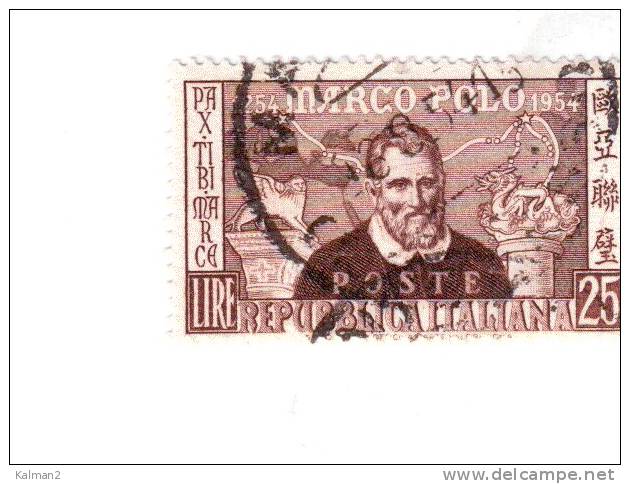 ITA120  -  REPUBBLICA VARIETA´-MARCO POLO 1954- L. 25 USATO  -  CAT.  C.E.I. 723/1 - DENT. 14 X 14 1/4 - Abarten Und Kuriositäten