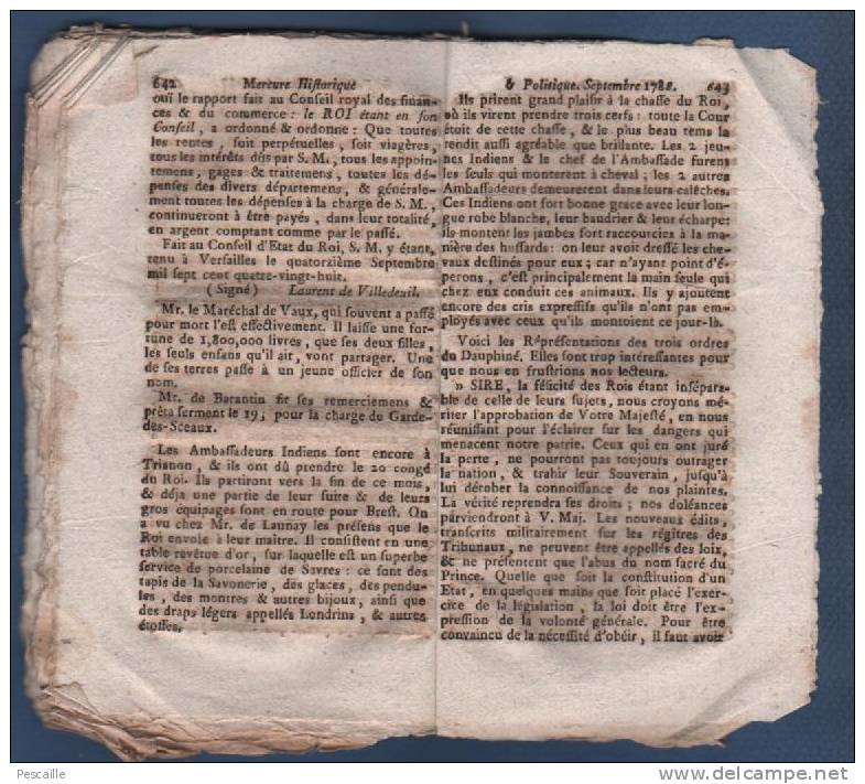 MERCURE HISTORIQUE ET POLITIQUE 09 1788 - SUEDE FINLANDE COPENHAGUE RUSSIE AUTRICHE FINANCES FRANCE DAUPHINE - Kranten Voor 1800