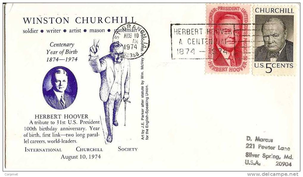 US - 2 - WINSTON CHURCHILL And HERBERT HOOVER  - Tribute To The World Leaders - CACHETED 1974 COVER - COMM CANCEL - Sir Winston Churchill