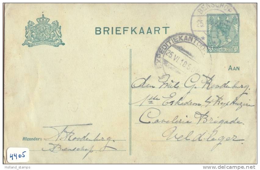 VELDPOST BRIEFKAART Uit 1918 Van BENSCHOP Naar 1e Eskadron Huzaren CAVALERIE BRIGADE  VELDLEGER (4405) - Postal Stationery