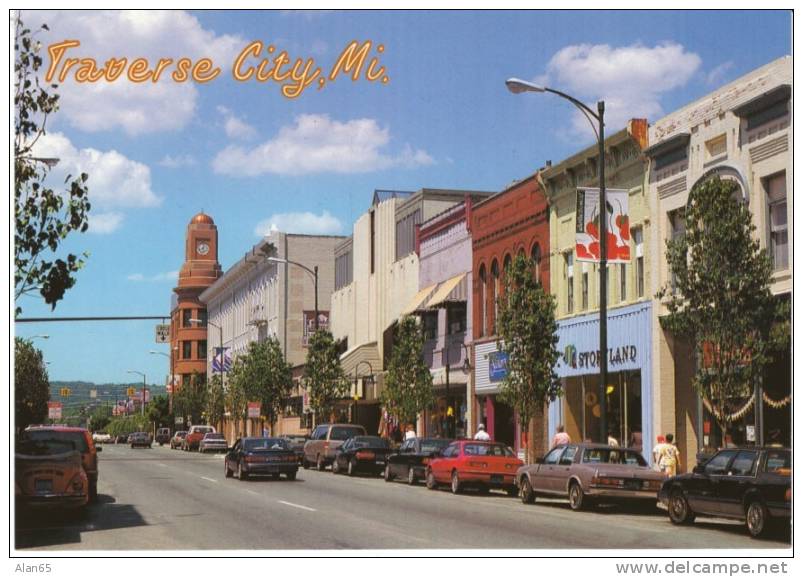 Traverse City MI Michigan, Main Street View, Autos, Business Stores, Cherry Festival, On C1980s Vintage Postcard - Sonstige & Ohne Zuordnung