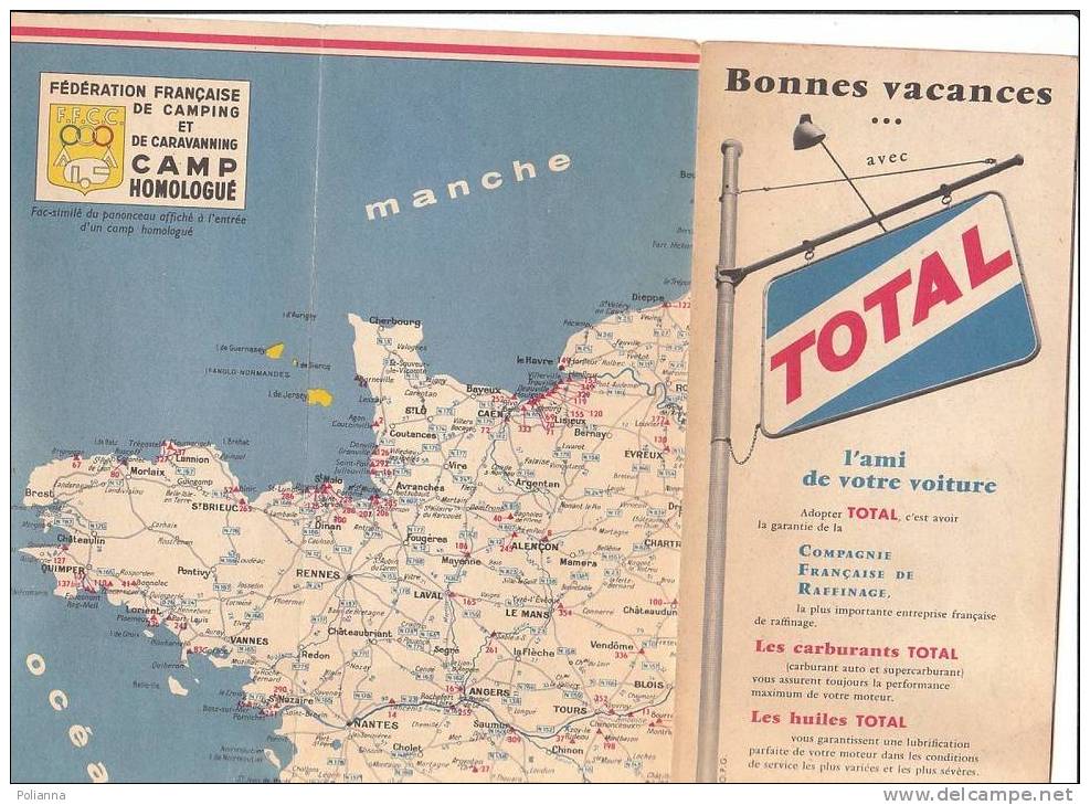 B0233 Cartina CAMPING En FRANCE - Federation Francaise De Camping Et De Caravan 1959/Carburants TOTAL - Tourismus, Reisen