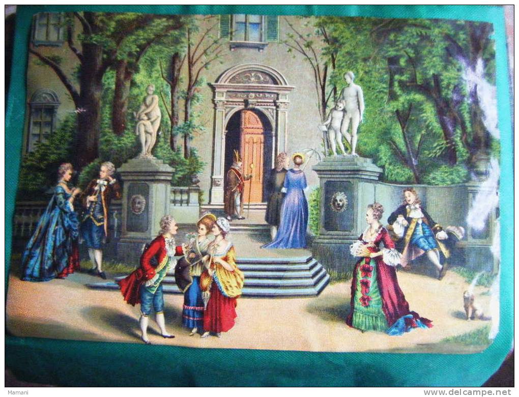 Chromo  38x27 Entree D'un Chateau ? Statue-chien Personnages Hommes Et Femmes Belles Tenue- - Enfants